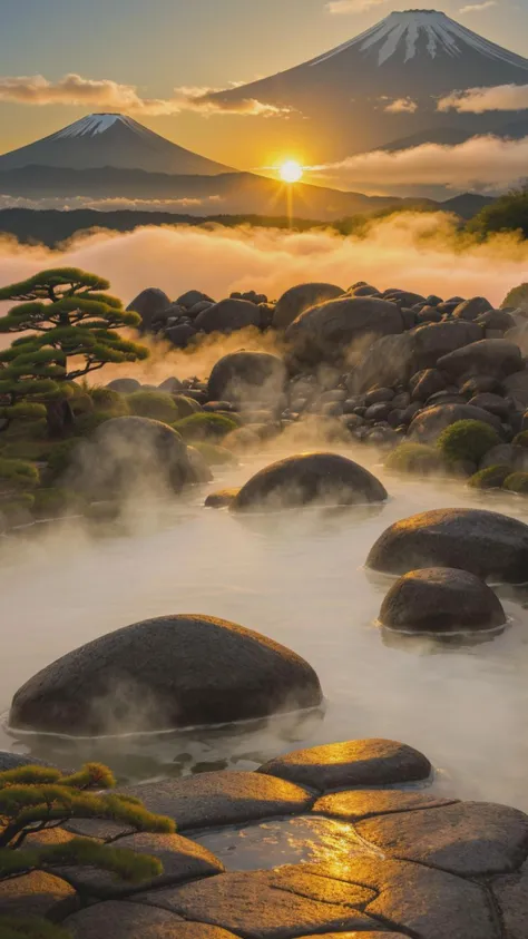 landscape, Japan hot onsen, fuji mountain, detail, realistic, ((masterpiece)), hot steam, sunset, golden hour