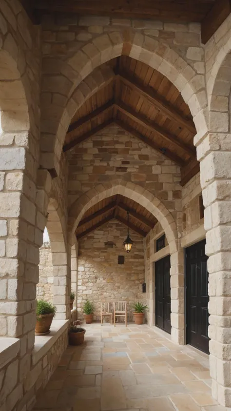 a close up of a stone walkway with a bench and a lamp