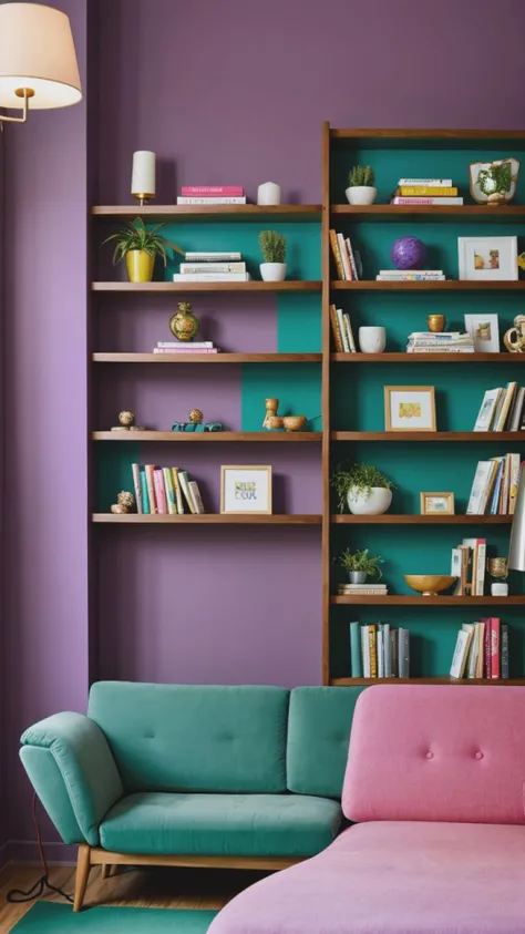 by Matt Groening,(((((Purple bookshelves)))), (((yellow radiance))) in room, (((((green couch)))), ((teal floor lamp)), side table, ((pink walls)) adorned with art, ((window)) with green landscape.