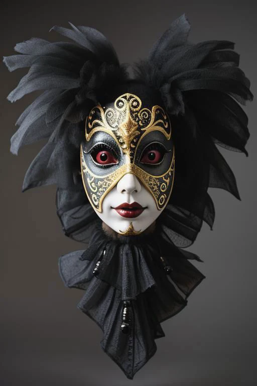 a close up of a mask with feathers on a black background