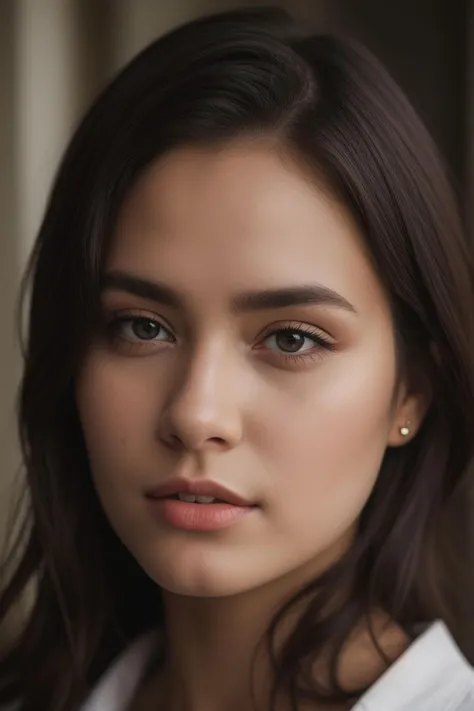 a close up of a woman with long hair and a white shirt