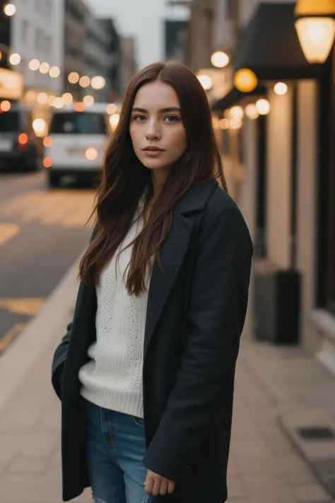 a woman standing on the sidewalk in a city at night