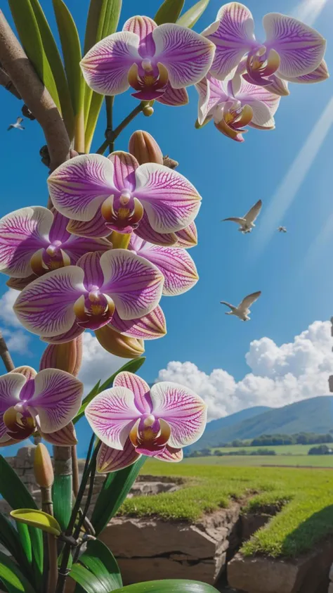 Landscape photo of an orchid, beautiful, birds flying, sunny day, sunshine rays