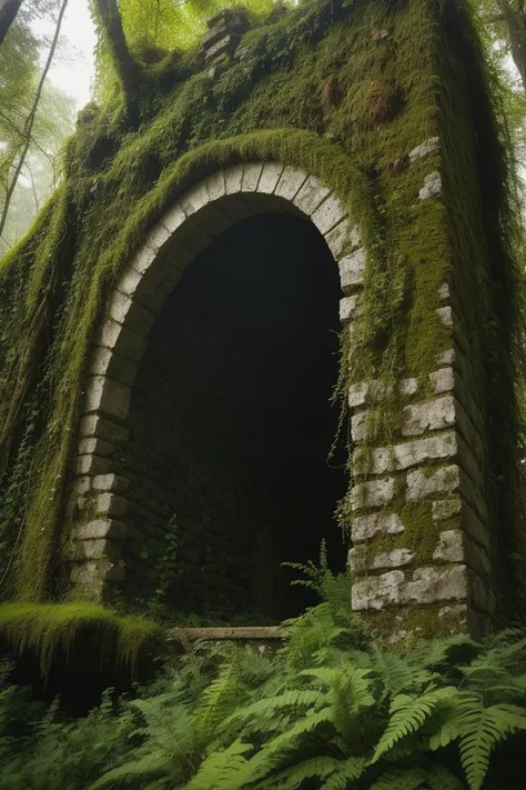 a close up of a moss covered building in the woods