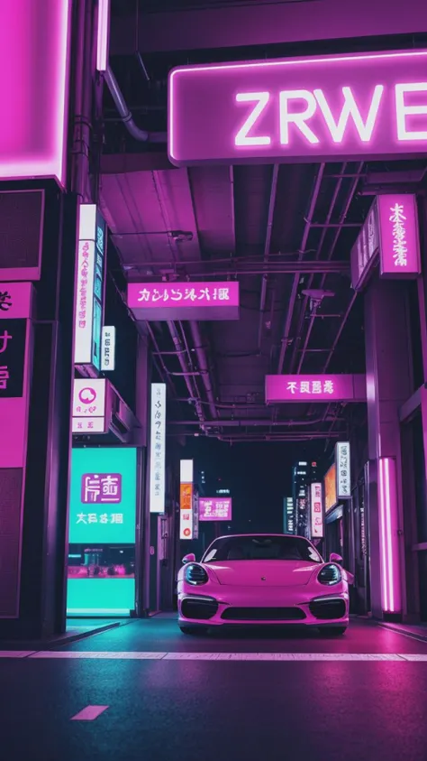 a pink car parked in a parking garage with neon signs