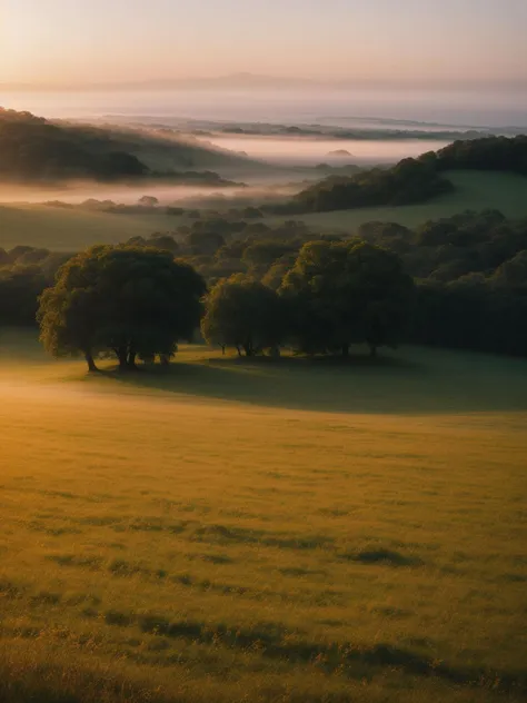 A misty morning over rolling hills, dew-kissed grass glistening in the soft dawn light, a serene and picturesque vista, captured in an art style reminiscent of 35mm film (ethereal ambiance:0.9, atmospheric depth:0.7).