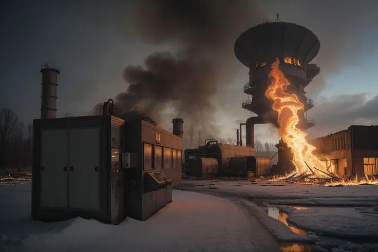 a close up of a fire in a factory with a lot of smoke