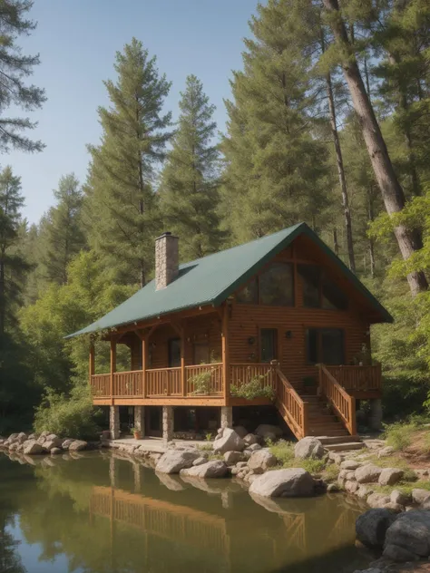 arafed log cabin with a green roof and a pond