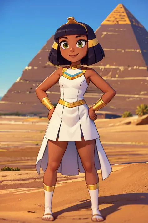 a cartoon girl in a white dress standing in front of a pyramid