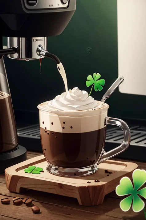 there is a cup of coffee with whipped cream and a shamrock