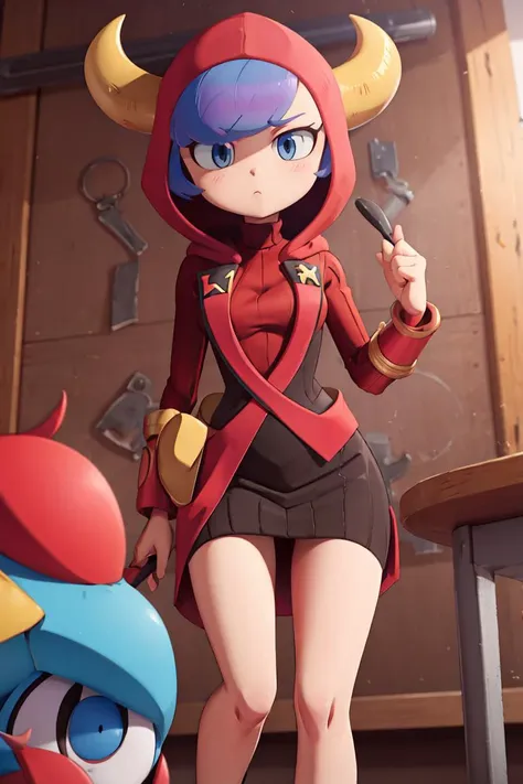 a woman in a red hoodie and a blue and red outfit