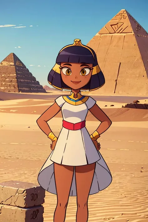 a cartoon picture of a woman in a white dress standing in front of a pyramid