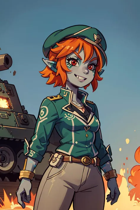 a cartoon image of a woman in uniform standing in front of a tank