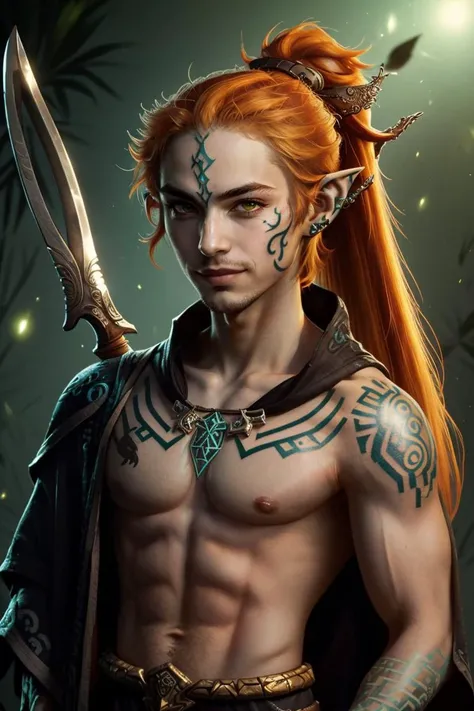 ((masterpiece,best quality)), <lora:Twilight_Theme_Zelda_Anime:0.8>, (Twilight_Theme_Zelda), glow, glowing, green glow, dark skin, grey skin, glowing tattoo, pointy ears,  long hair, 1boy,  upper body, ponytail, weapon, male focus, orange hair,  yellow scl...