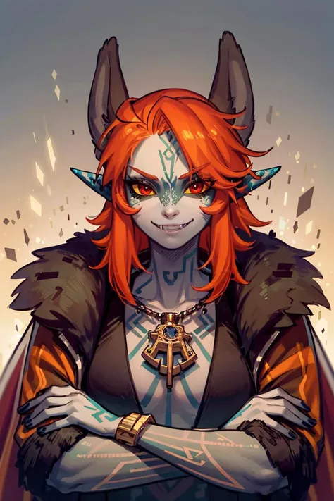 a woman with red hair and horns is standing with her arms crossed