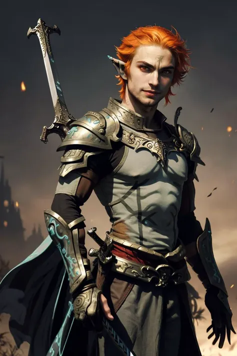 a man with orange hair and a sword standing in front of a castle