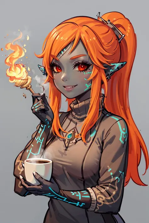 a woman with orange hair holding a cup of coffee and a fire