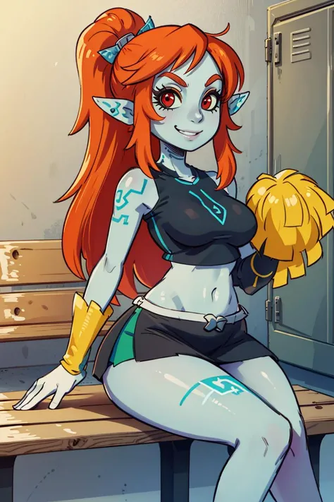 ((masterpiece,best quality)),
<lora:Twilight_Theme_Zelda_Anime:0.8>, (Twilight_Theme_Zelda), glow, glowing, green glow, dark skin, grey skin, glowing tattoo, pointy ears,
1girl, smile, red eyes, orange hair,  yellow sclera,
smug, looking at viewer, cheerle...