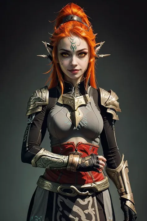 a woman with red hair and armor posing for a picture