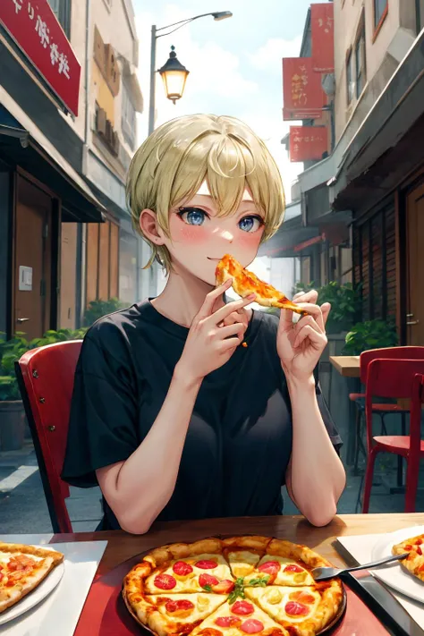 masterpiece, best quality, absurdres, perfect anatomy, 1girl, solo, TenkaIzumo, earrings, t-shirt, eating, table, upper body, pizza, happy, lamp, outdoors, street, lamppost, <lora:IzumoTenkaV2:1>