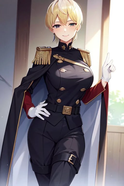 masterpiece, best quality, absurdres, perfect antomy, standing cowboy shot, Izumo Tenka,short hair, smile, blush, medium breasts, belt, black shorts, buttons, cape, earrings, epaulettes, gloves, military, military uniform, thigh boots, uniform, white glove...