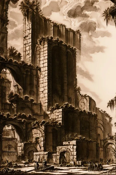 <lora:envybetterhandsLocon_alpha3:1>,  <lora:PIRANESI V1:1>, illustration, the ruins of an anicent civilization of giants