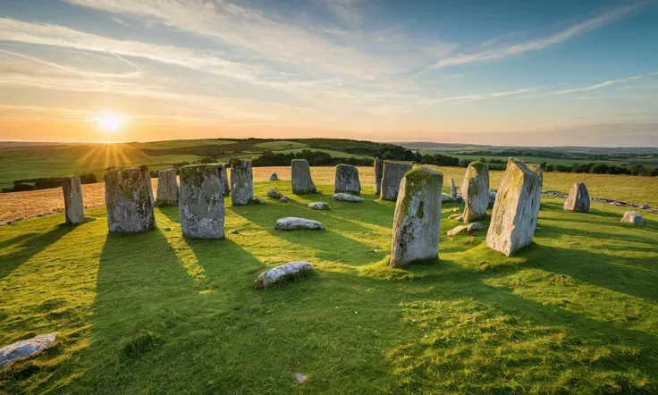 cinematic photo of a ancient small stone circle , (Stonehenge:0.8),  Ireland,  golden hour,   sunlight illuminating green hills, extremely high quality RAW photograph, highly detailed textures, ultra detailed photograph, <lora:add-detail-xl:0.4>, <lora:Lan...