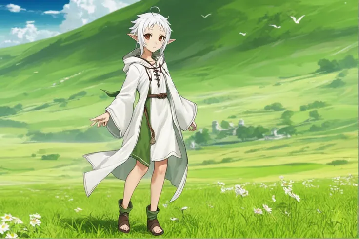 anime anime girl in white dress standing in a field with mountains in the background