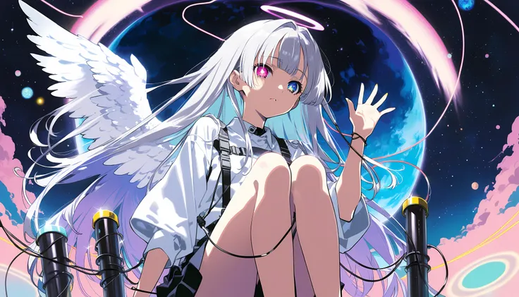 anime girl with white hair and angel wings sitting on a pole