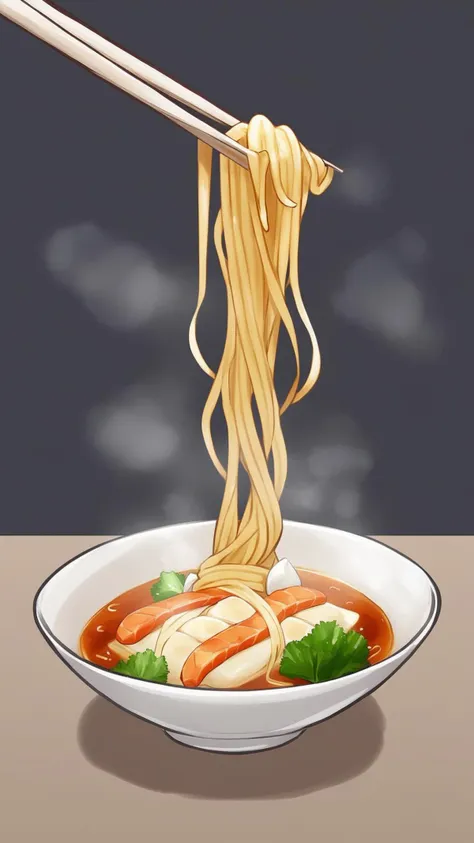 a cartoon of a bowl of noodles with chopsticks and vegetables