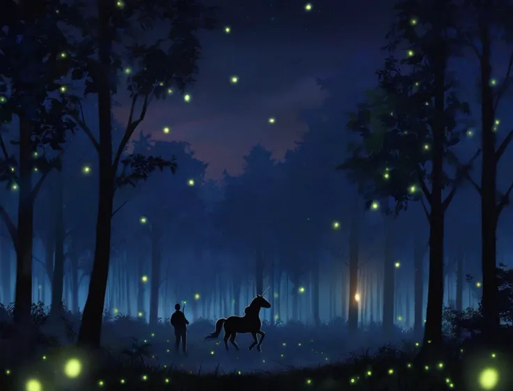 super dark, extreme dark, fireflies, unicorn, forest, twilight