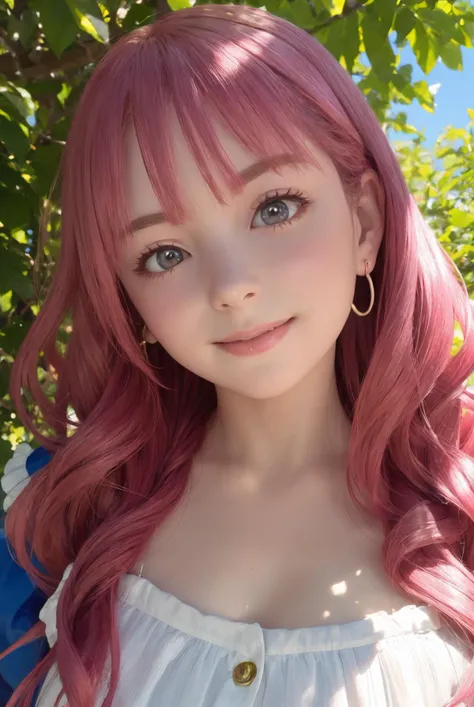 (masterpiece, best quality, hyper realistic, extremely detailed, unreal, render, realistic lighting, realistic anime), fairyland, fairytale, summer, outdoos, 1girl, front view, close-up, skinny, cute, pink hair, medium wavy hair, looking at viewer, from fr...