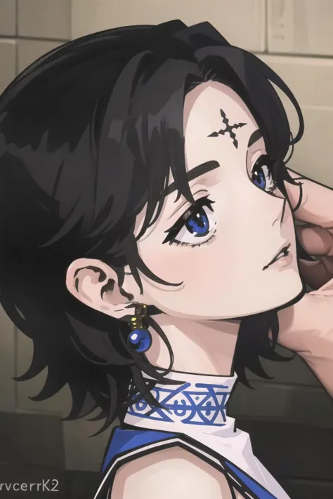 anime girl with black hair and blue eyes wearing a blue and white top