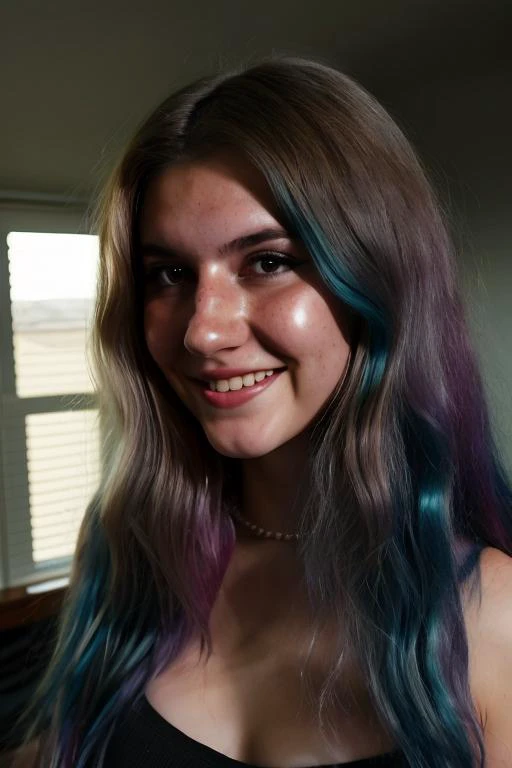 arafed woman with long hair and blue and purple hair smiling