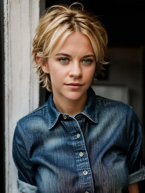 Realistic photo of a beautiful m3gr-v2 woman, 1girl, solo, short hair, blue eyes, blonde hair, brown hair, shirt, pants, lips, denim, t-shirt, jeans, realistic, soft lighting, professional Photography, Photorealistic, detailed, RAW, analog, sharp focus, 8k...