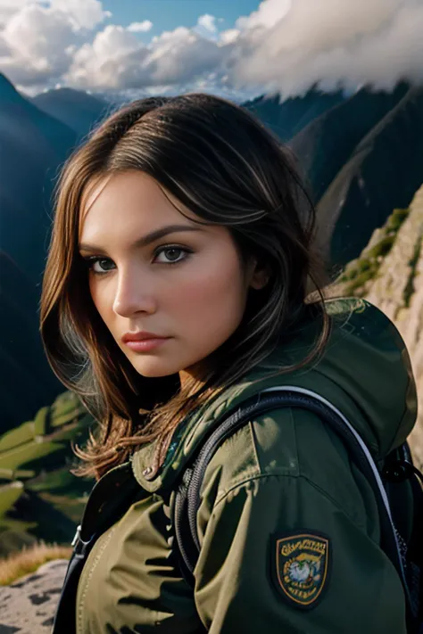 cinematic film still of beautiful (4nn4D31v3y woman), as an archeologist adventurer,rock climbing along a cliff on a mountain, with a jacket and backpack with hiking gear, with machu picchu in the distance,(medium close up view:1.1),perfect hair,lipstick,c...