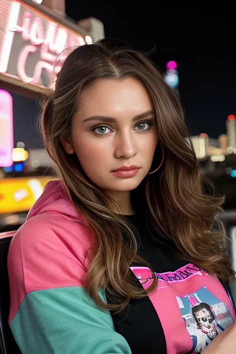 a selfie photograph of beautiful 25 year old (4nn4D31v3y woman),as a beautiful tourist,wearing a (cerise pink sweatshirt:1.2) and (white cargo pants:1.1),holding a camera,sitting on upper deck of open tour bus,driving through (Las Vegas Strip:1.1) at night...