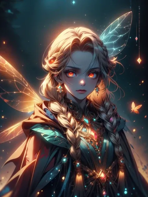 (masterpiece, top quality, best quality, official art, beautiful and aesthetic:1.2),faetech,pixie dust,iridescent,<lora:FaeTech:1>,1girl,solo,jewelry,glowing,glowing eyes,braid,long hair,earrings,red eyes,twin braids,looking at viewer,upper body,closed mou...