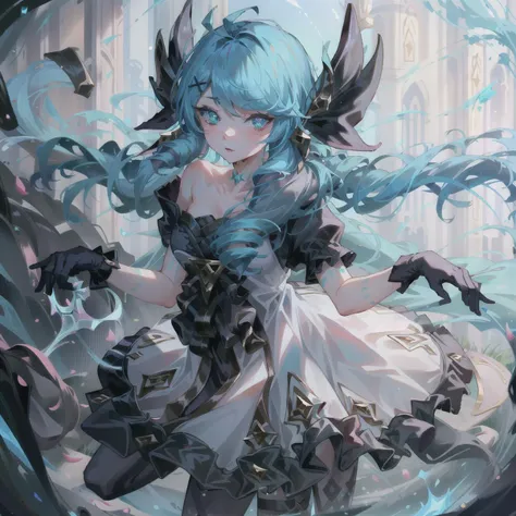 <lora:leagueOfLegends_v02:0.75>, league of legends, lol, splash art, 1girl, full body, gwen (league of legends), black bow, black gloves, black legwear, blue eyes, blue hair, bow, collarbone, dress, drill hair, frilled dress, frills, gloves, hair ornament,...