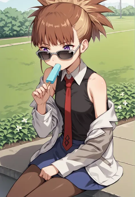 anime girl with sunglasses and tie sitting on a bench eating a popsicle