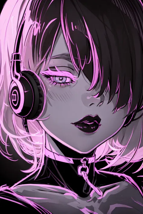 anime girl with headphones and a purple background