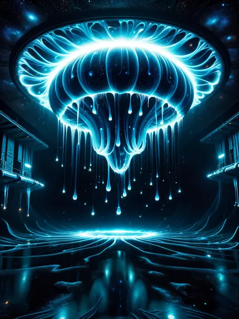 An abandoned spaceship interior where all surfaces are coated in ral-blacklight giving the illusion of a cosmic jellyfish floating through the dark void of space <lora:ral-blacklight-sdxl:1> <lora:EnvyBetterHiresFixXL01:0:hr=1>.