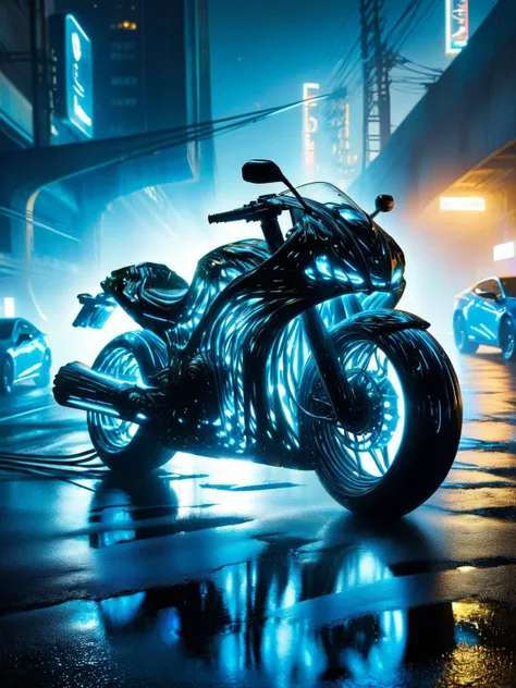 A futuristic motorcycle with ral-blacklight accents speeding down a neon-lit highway, leaving a trail of luminescent droplets in its wake <lora:ral-blacklight-sdxl:1> <lora:EnvyBetterHiresFixXL01:0:hr=1>.