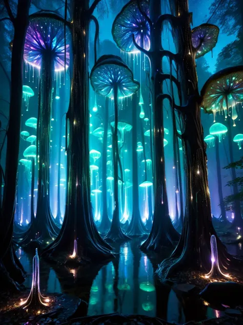 A mystical forest at twilight where the trees are made of ral-blacklight, their trunks and leaves dripping with iridescent slime, fireflies creating a dynamic dance of light around them <lora:ral-blacklight-sdxl:1> <lora:EnvyBetterHiresFixXL01:0:hr=1>.