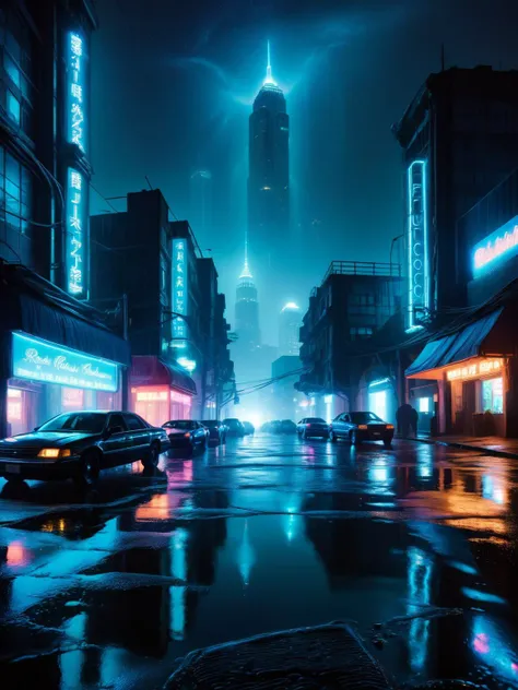 A surreal cityscape at night where the buildings are illuminated from within by ral-blacklight, casting a neon glow on the reflective wet streets below <lora:ral-blacklight-sdxl:1> <lora:EnvyBetterHiresFixXL01:0:hr=1>.