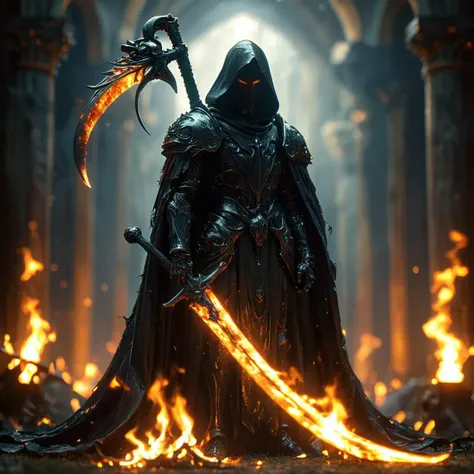 a dark knight with a large scythe standing in front of a fire