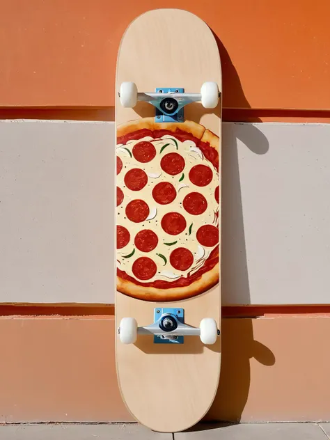 EdobSkate,skateboard deck featuring a giant, realistic pizza slice, with a background of a skateboarding chef tossing pizza dough in the air <lora:EdobSkate_XL_v1.0:0.8>, best quality, uhd, 8k, detailed