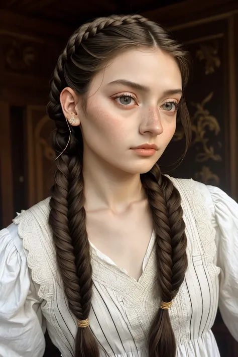 a woman with long hair wearing a white blouse and braids