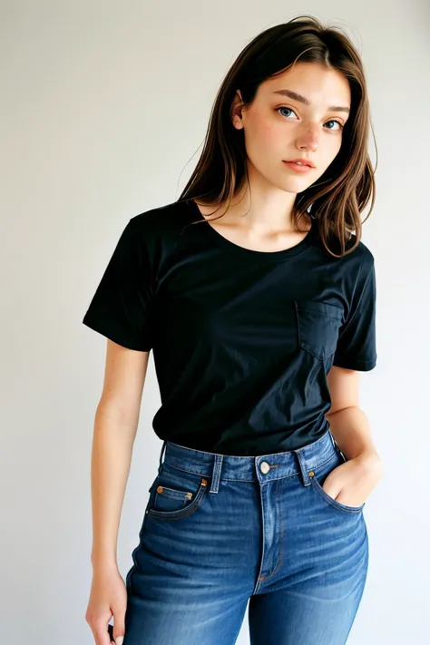 a woman in a black shirt and jeans posing for a picture