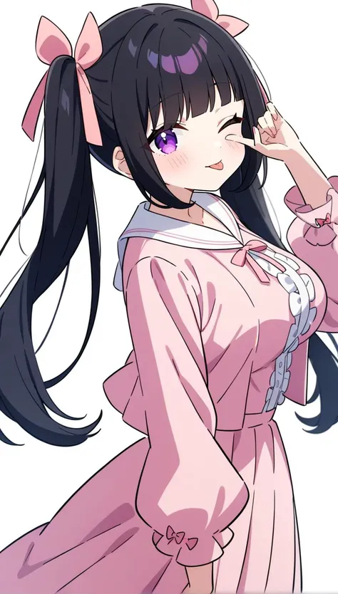 1girl, solo, black long hair, twintails, blunt bangs, pink ribbon, black hair, purple eyes, long eyelashes, red eyeliner, large breasts, (jirai kei:1.2),looking at viewer,blush,black and pink theme spring (season) clothes,blurry, one eye closed, tongue out...